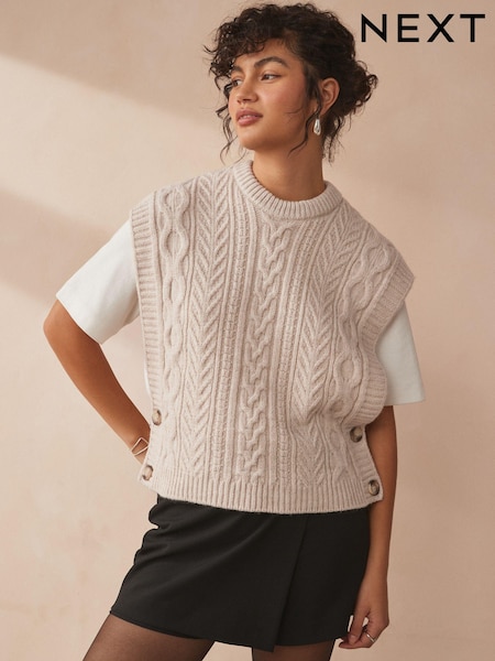 Ecru Cable Knit Button Side Tank (E30131) | AED143