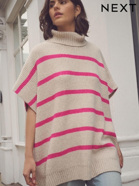Ecru/Pink Stripe Roll Neck Knitted Containing Alpacca Wool Poncho (E30133) | €66