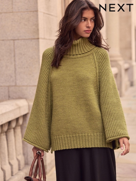 Verde kaki - Roll Neck Knitted Poncho (E30135) | € 60