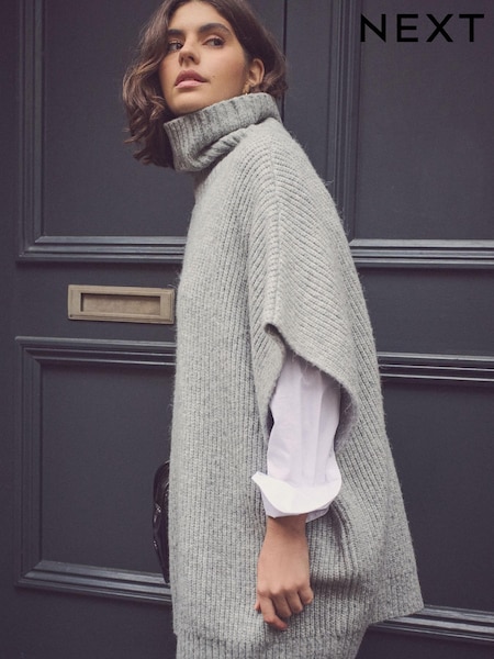 Harmaa - Roll Neck Knitted Containing Alpacca Wool Poncho (E30139) | €49