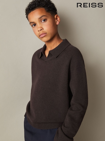 Reiss Chocolate Brown Grange Senior Wool-Cashmere Open Collar Polo Shirt (E30145) | €64