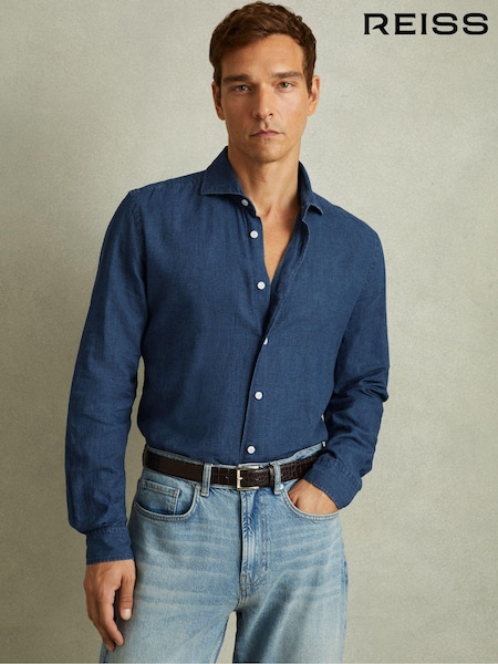 Reiss Blue Multi Delta Linen-Cotton Puppytooth Cutaway Collar Shirt (E30147) | €180