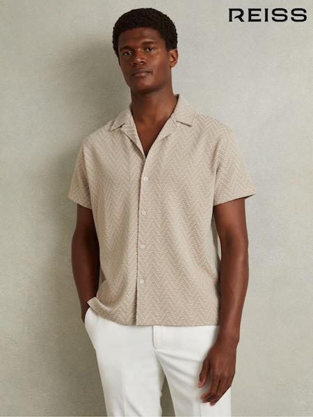 Reiss Oatmeal Jono Zig-Zag Cuban Collar Shirt (E30153) | 573 QAR