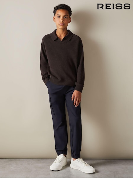 Reiss Chocolate Brown Grange Junior Wool-Cashmere Open Collar Polo Shirt (E30154) | €58