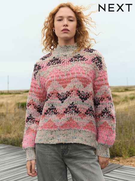 Pink Fluoro High Neck Patterned Neppy Stripe Knitted Jumper (E30162) | €31