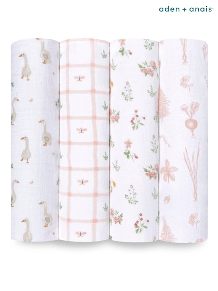aden + anais Pink Sentials 100% Cotton Blanket Country Floral Muslins 4 Pack (E30172) | $64