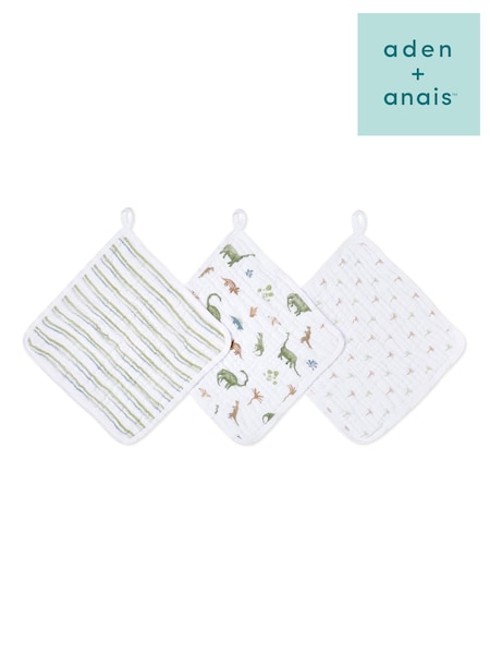 Aden + Anais Essentials 100% Cotton Washcloth Dino Jungle Muslins 3 Pack Set (E30182) | ‏50‏₪