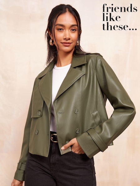 Friends Like These Khaki Faux Leather Short Trench Jacket (E30209) | €66