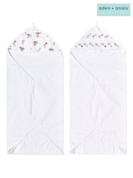 aden + anais White Essentials Hooded Elephant Circus 100% Cotton Towels 2 Pack (E30218) | $40