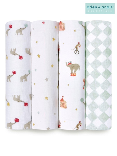 aden + anais White Essentials 100% Cotton Muslin Blanket Elephant Circus Muslins 4 Pack (E30228) | € 55