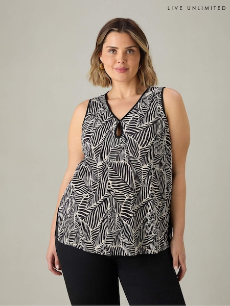 Live Unlimited Black Curve Mono Leaf Print Plissé Vest (E30303) | €30
