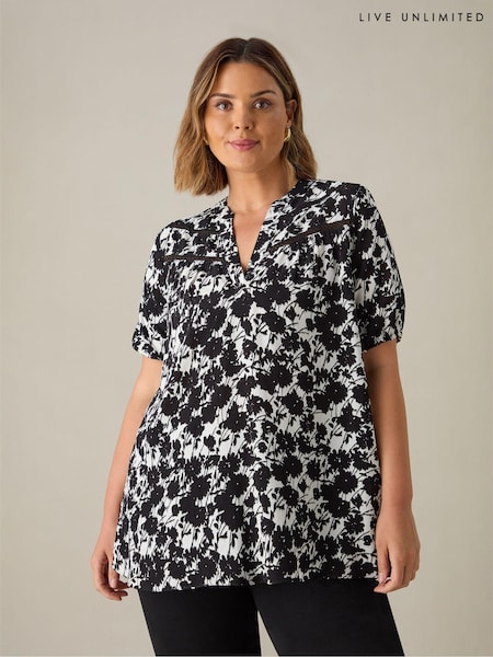 Live Unlimited Black Curve Mono Print Trim Detail Blouse (E30314) | €37