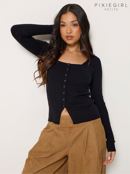 黑色 - Pixiegirl Petite Ribbed Button Scoop Neck Jumper