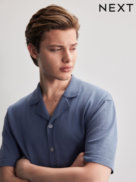 Slate Blue Regular Fit Cotton Rich Short Sleeve Knitted Shirt with Cuban Collar (E30371) | €29