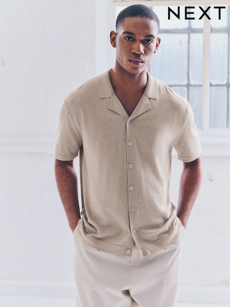 Neutral Marl Regular Fit Cotton Rich Short Sleeve Knitted Shirt with Cuban Collar (E30373) | R$ 250
