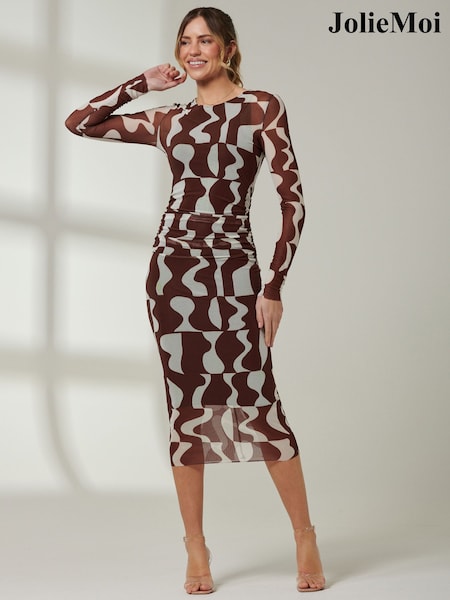 Jolie Moi Light Brown Gionna Mesh Long Sleeve Midaxi Dress (E30383) | 148 QAR