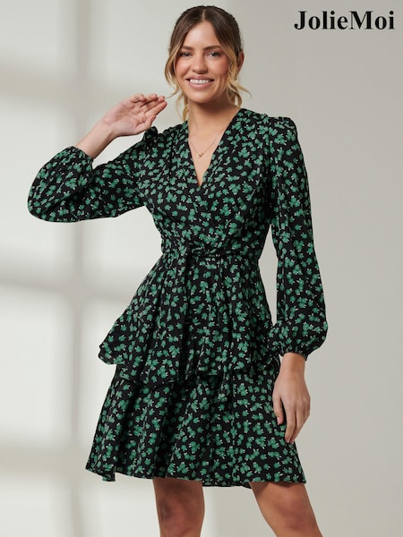 Jolie Moi Tiered Hem V-Neck Midi Dress (E30385) | 196 LEI