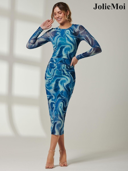 Jolie Moi Blue Mabyn Mesh Long Sleeve Midaxi Dress (E30387) | 148 QAR