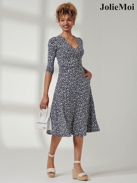 Jolie Moi Blue 3/4 Sleeve Jersey Midi Dress (E30389) | €25