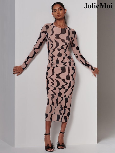 Jolie Moi Brown Gionna Mesh Long Sleeve Midaxi Dress (E30395) | 148 QAR