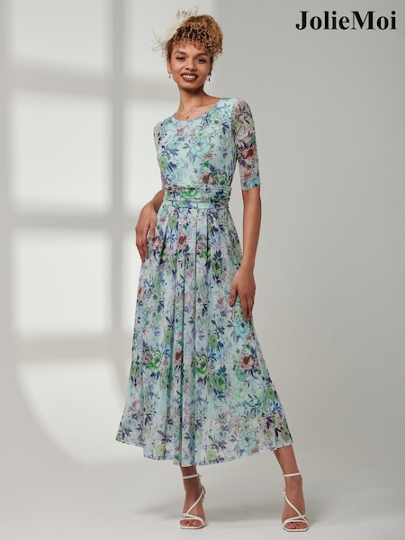 Jolie Moi Green Bella Print 3/4 Sleeve Mesh Maxi Dress (E30397) | ₪448