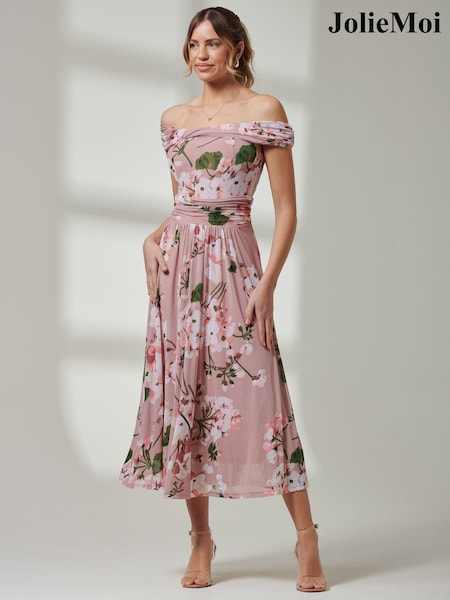 Jolie Moi Bardot Neckline Mesh Midi Dress (E30400) | 214 LEI
