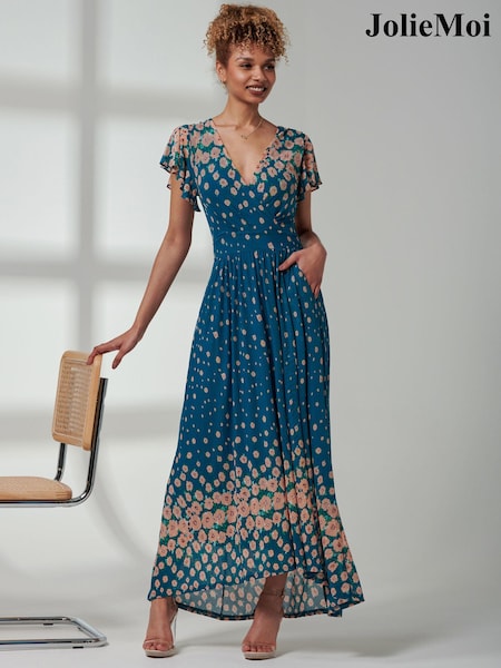 Jolie Moi Blue Kora Cap Sleeve Mesh Maxi Dress (E30402) | €99