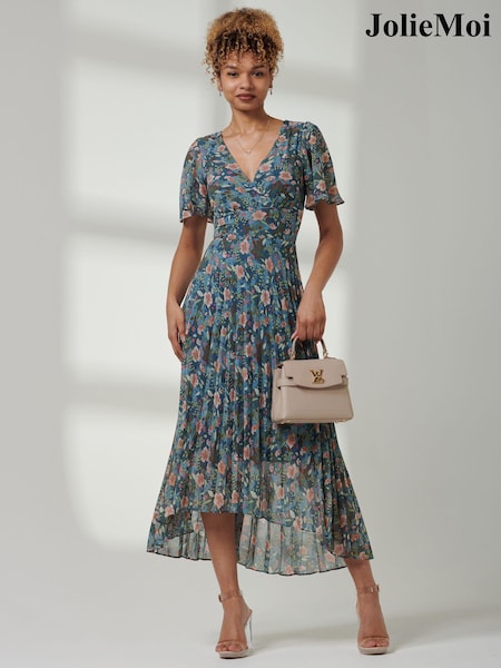 Jolie Moi Blue Angel Sleeve V-Neck Chiffon Dress (E30403) | $105