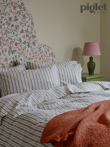 Piglet in Bed Set of 2 Green Sommerley Stripe Linen Pillowcases (E30467) | $101