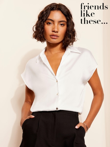 Friends Like These White Short Sleeve Satin Button Through Shirt (E30514) | €34