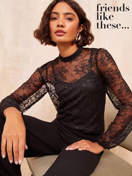 Friends Like These Black Long Sleeve High Neck Lace Sequin Top (E30516) | 91 QAR
