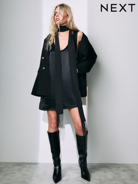 Black Satin Skinny Scarf With Fringing (E30783) | €9