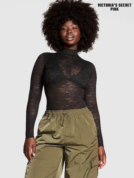 Victoria's Secret PINK Black Lace Mock Neck Bodysuit (E31197) | €40