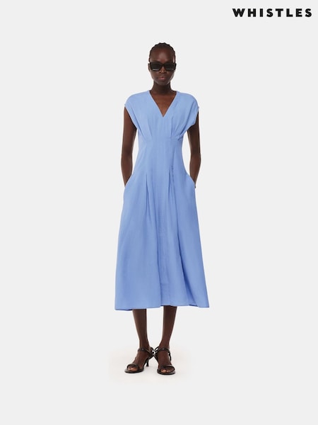 Whistles Blue Panel Detail Midi Dress With Linen (E31686) | R$ 1,570