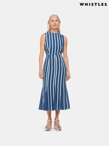 Whistles Blue Petite Crinkle Stripe Midi Dress (E31699) | €102