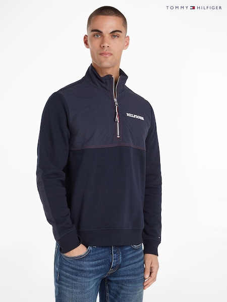Tommy Hilfiger Blue Monotype Mix Media Quarter Zip 100% Cotton Sweatshirt (E31888) | €112