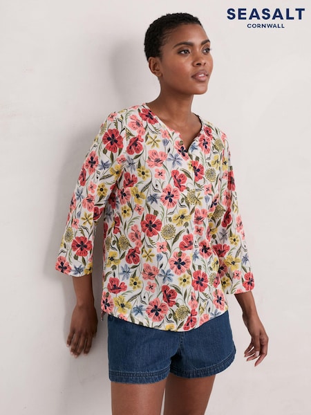 Seasalt Cornwall Multi Multi Watercolour Sketch 3/4 Sleeve Top (E32144) | €27
