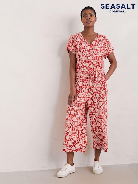 Seasalt Cornwall Red Tall Rose Trellis Wide Leg 100% Cotton Jumpsuit (E32164) | €42