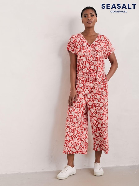 Seasalt Cornwall Red Petite Rose Trellis Wide Leg 100% Cotton Jumpsuit (E32177) | €42