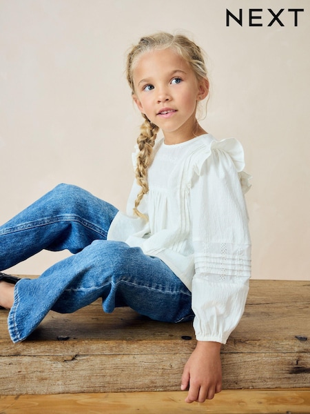 White Long Sleeve Frill 100% Cotton Blouse (3-16yrs) (E32185) | €23 - €31