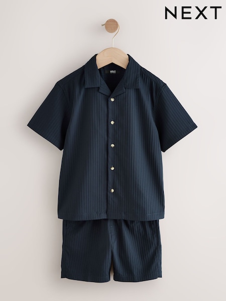 أزرق داكن - Short Sleeves Revere Collar Texture Shirt & Shorts Set (3-16yrs) (E32323) | ‏117 د.إ.‏ - ‏ 157‏ د.إ.