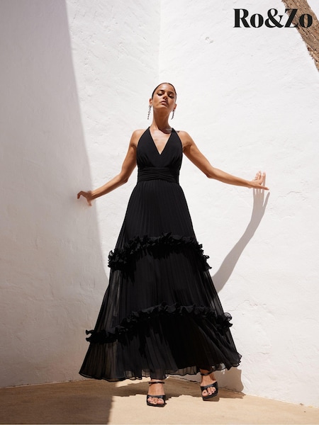 Ro&Zo Black Sienna Pleated Frill Maxi Dress (E32341) | 865 QAR