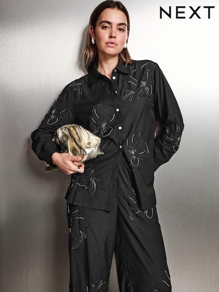 Black Floral Print Bead Embellished Shirt (E32436) | €27