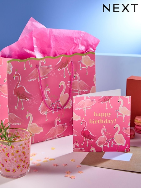 Pink Medium Flamingo Gift Bag and Card Set (E32457) | DKK30