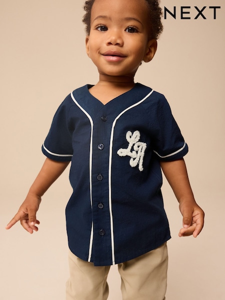 Navy Varsity 100% Cotton Short Sleeve Varsity Baseball Neck Shirt (3mths-7yrs) (E32525) | €18 - €21
