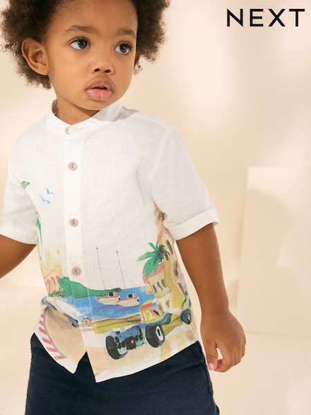 Cream Border Monaco Short Sleeves Grandad Collar Printed Shirt (3mths-7yrs) (E32588) | 69 QAR - 79 QAR