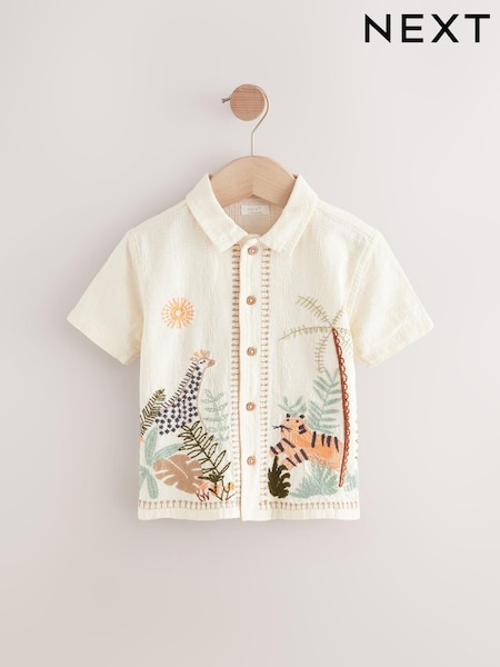 Ecru White Short Sleeve Embroidered 100% Cotton Shirt (3mths-7yrs) (E32652) | $33 - $37