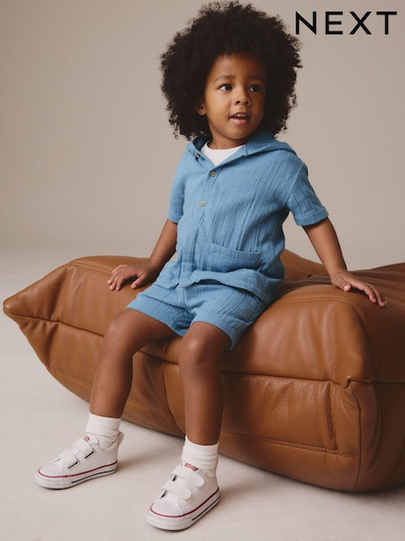 Blue 100% Cotton Short Sleeve Texture Hooded Shirt and Shorts Set (3mths-7yrs) (E32653) | AED102 - AED122