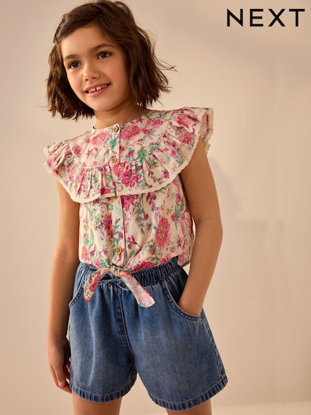 Roz floral - 100% Cotton Cravată Front Bluze (3-16ani) (E32667) | 74 LEI - 112 LEI