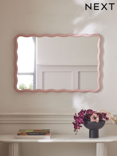 Pink Wooden Wavy Pine Round Rectangular Wall Mirrror (E32776) | €151